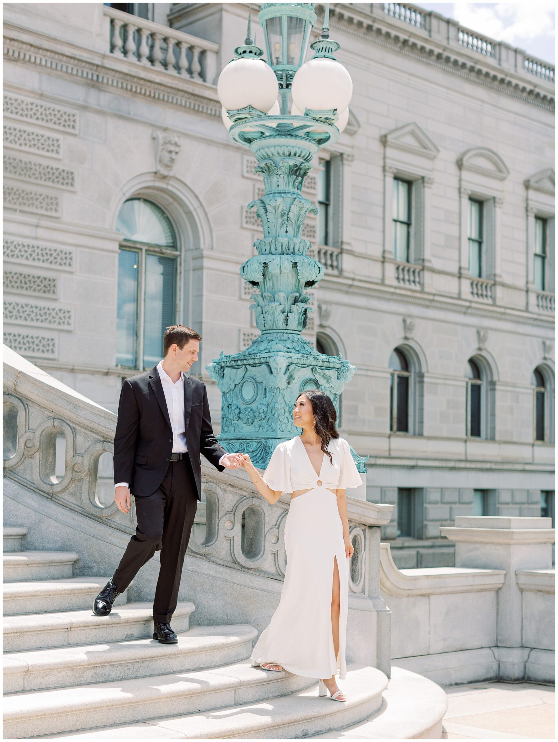 Elegant engagement session at the Library of Congress outside staircase