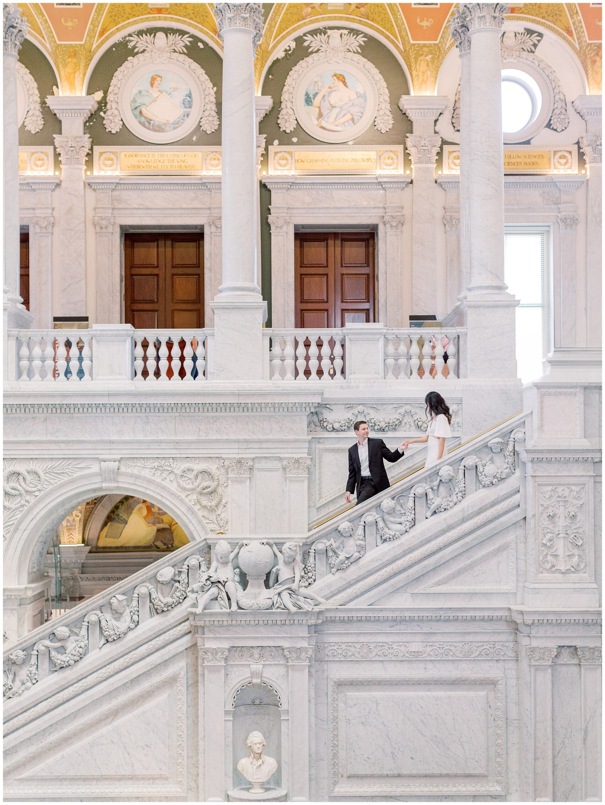 Elegant engagement session at the Library of Congress marble staircase