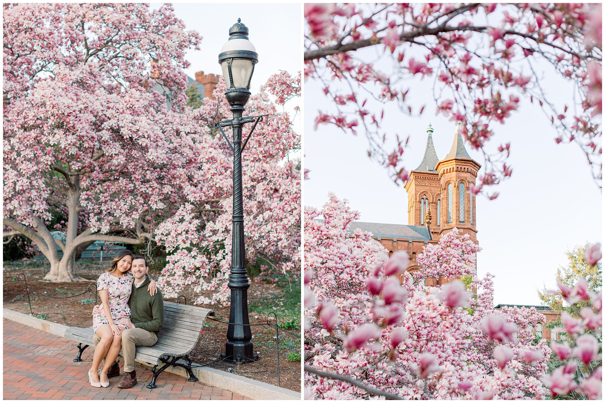 Lynette and Alex sitting on a bench during their engagement session at the Enid A. Haupt garden