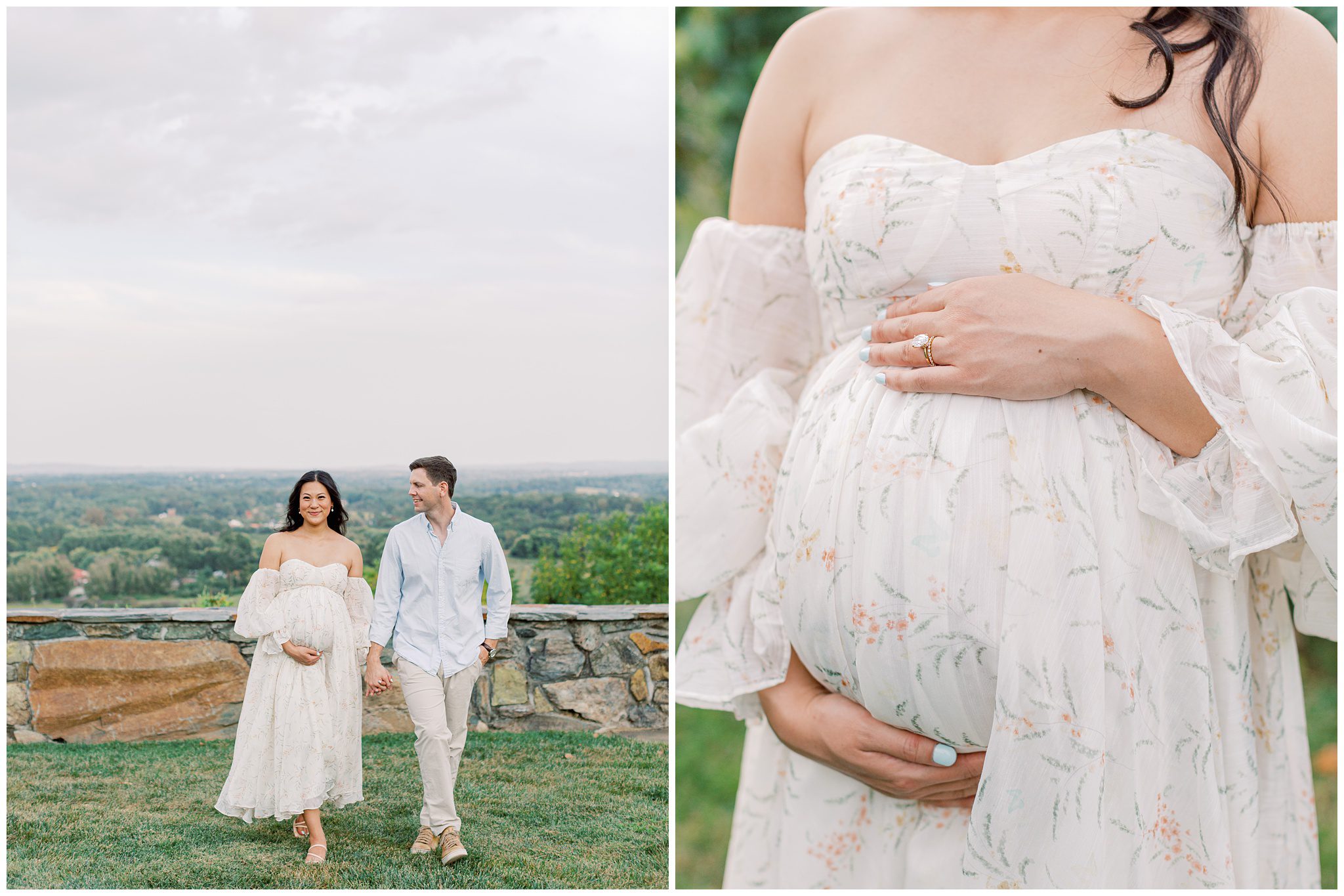 Romantic maternity session at Bluemont Vineyard with couple holding hands and close up of the pregnant belly