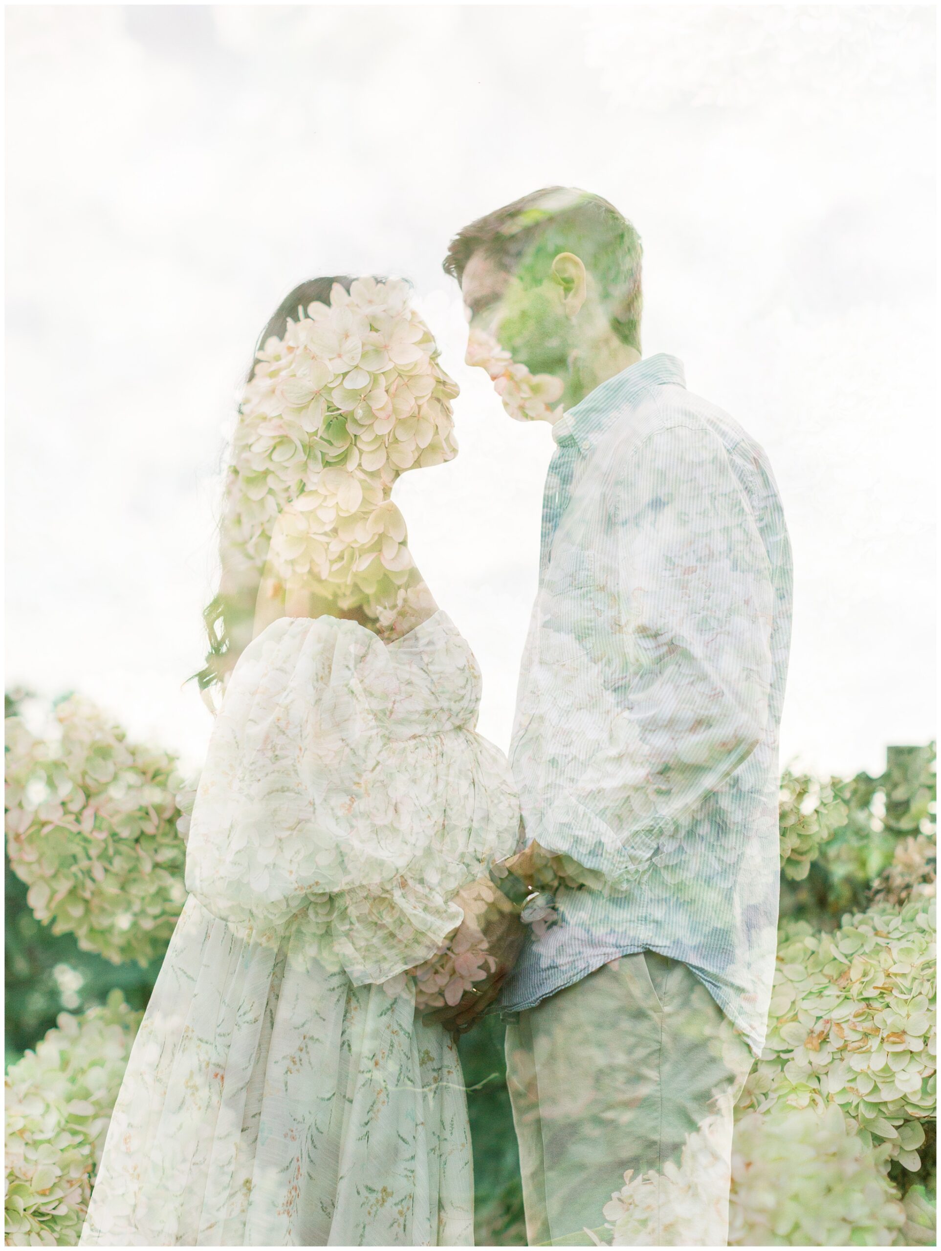 Double exposure of pregnant couple in hydrangeas