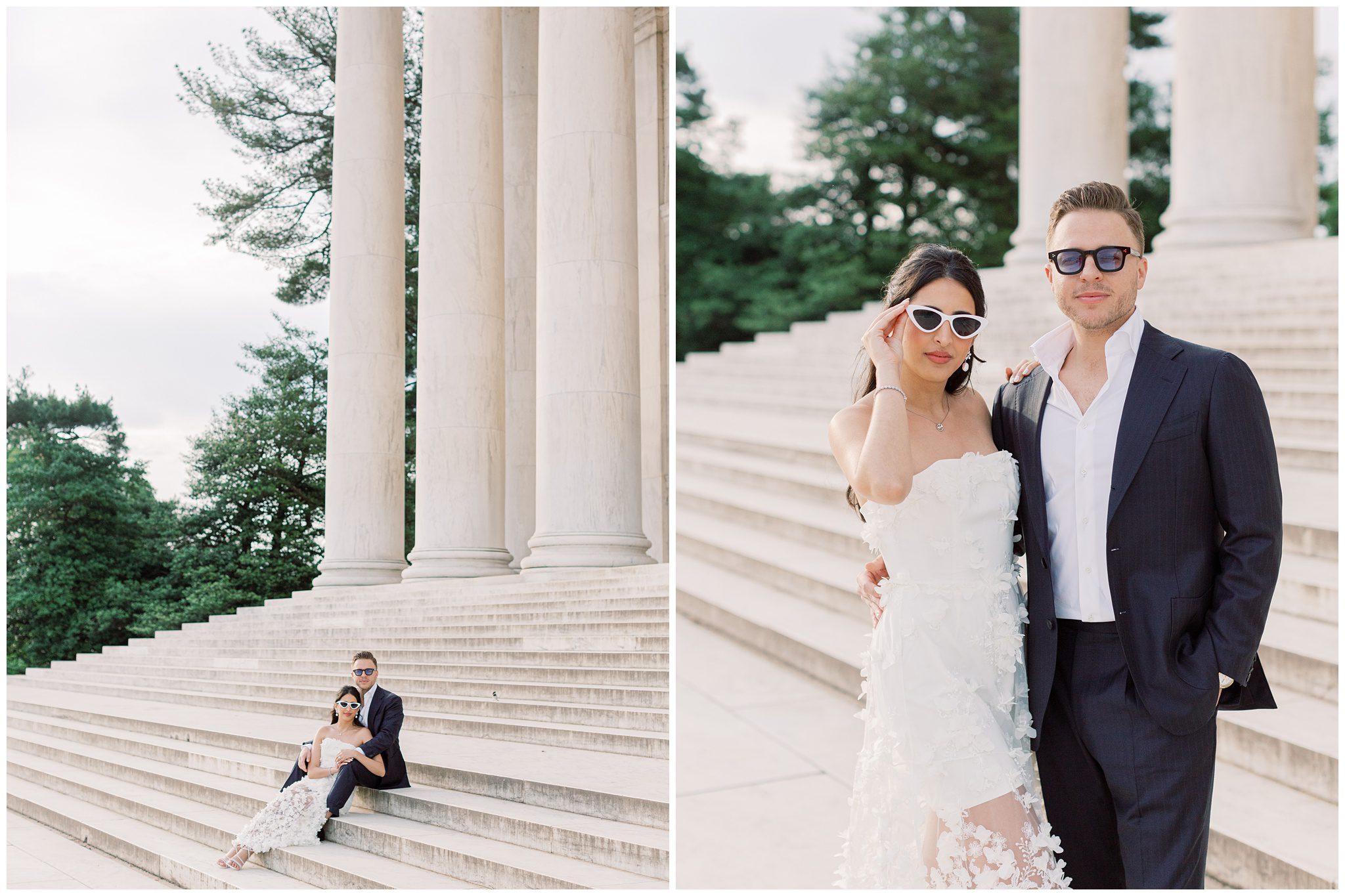 Fashion-forward engagement photos at the Jefferson Memorial
