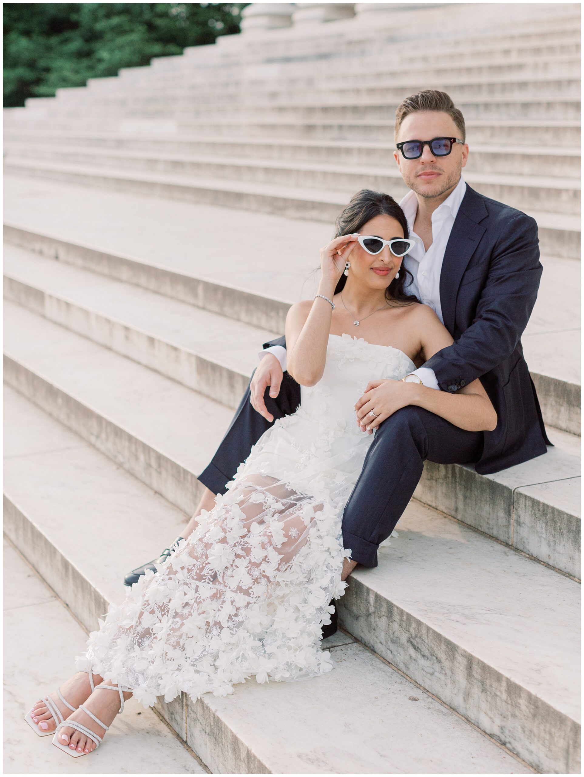 Fashion-forward engagement photos at the Jefferson Memorial