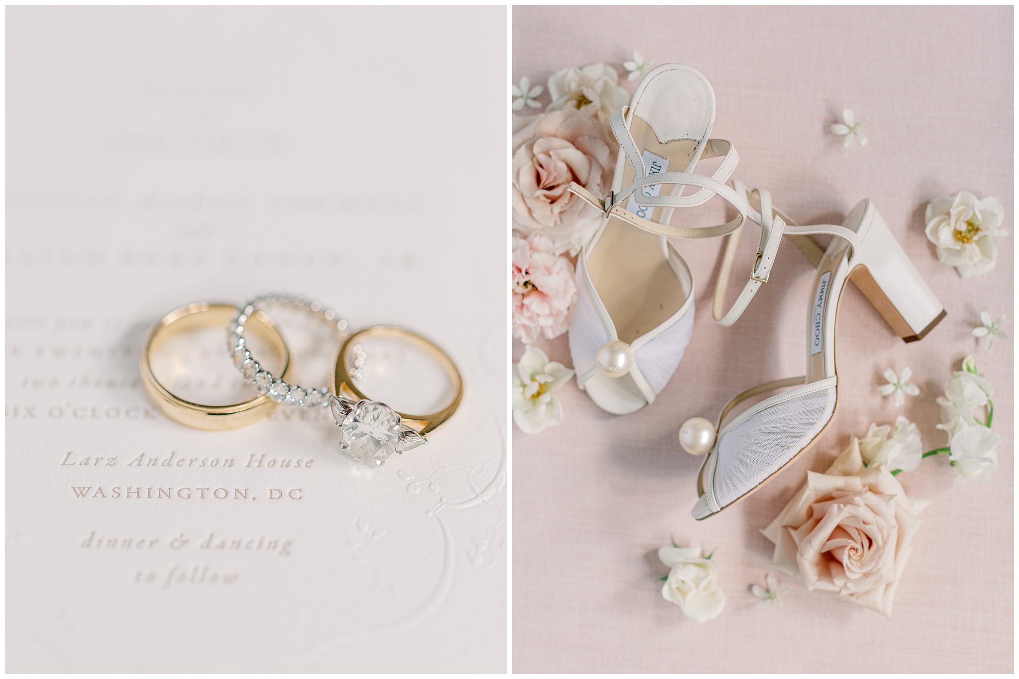 Wedding rings and elegant Jimmy Choo bridal shoes