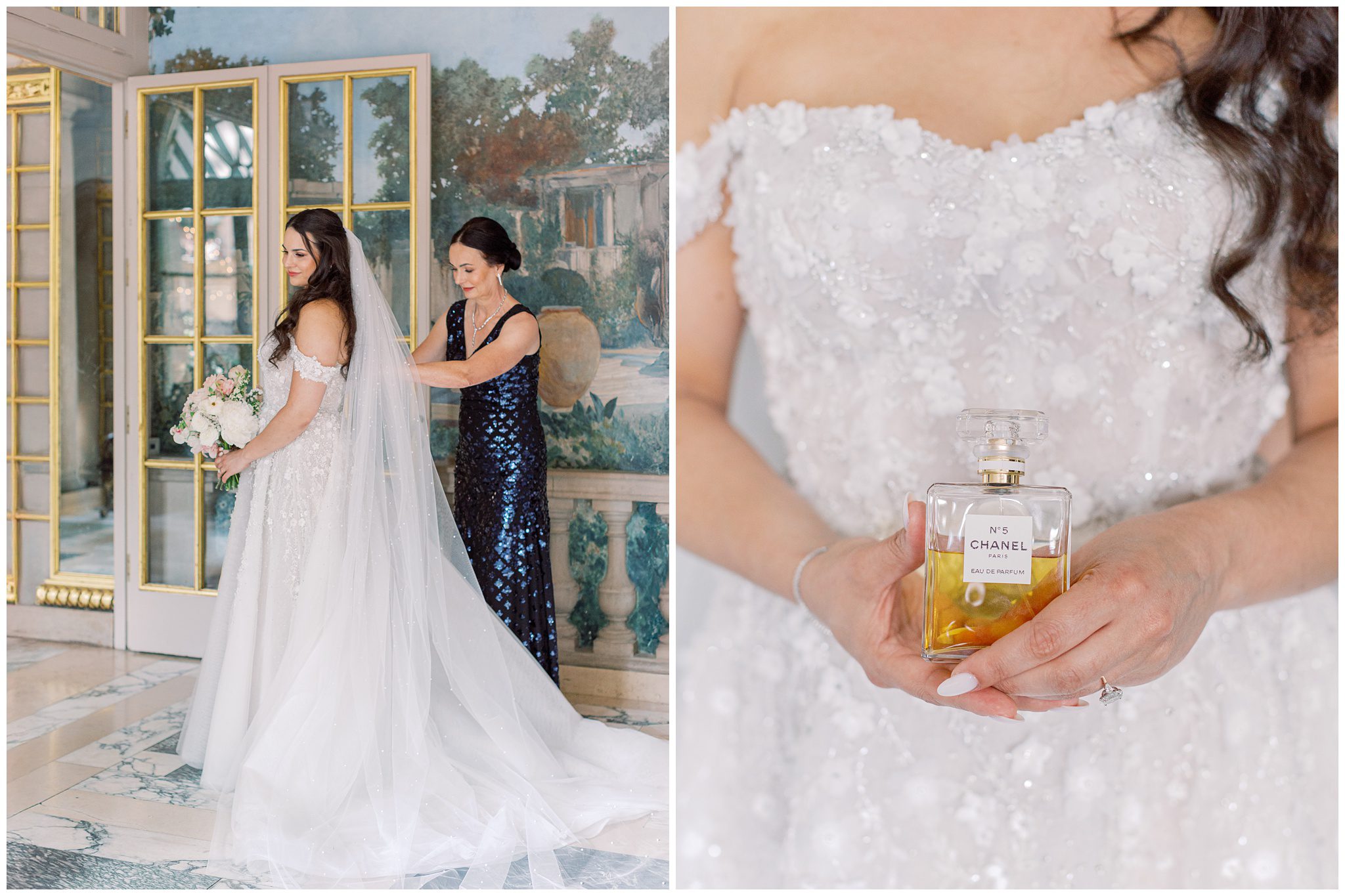 Bride getting ready in Larz Anderson House's Winter Room with mother
