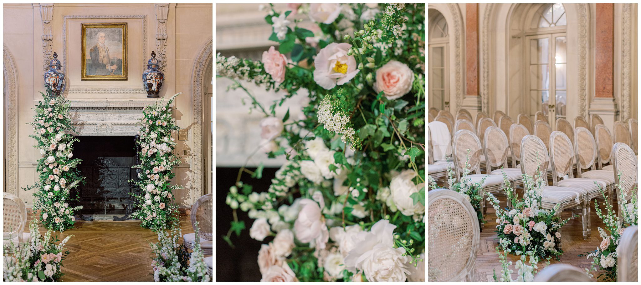 Lush deconstructed floral arch and aisle arrangements at Larz Anderson House wedding in Washington, DC