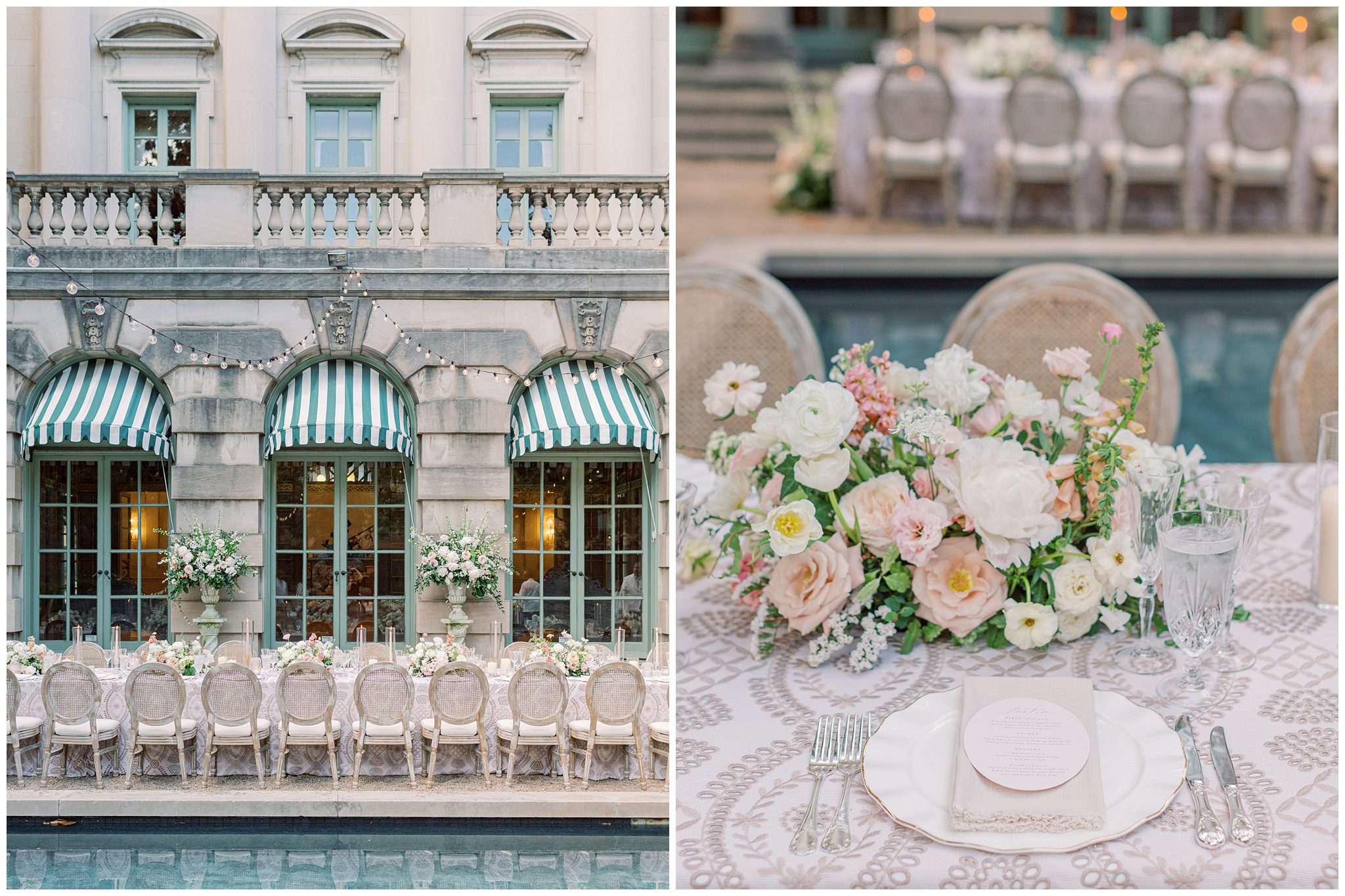 Elegant tablescape with cream, blush, and green floral arrangements at Larz Anderson House wedding in Washington, DC