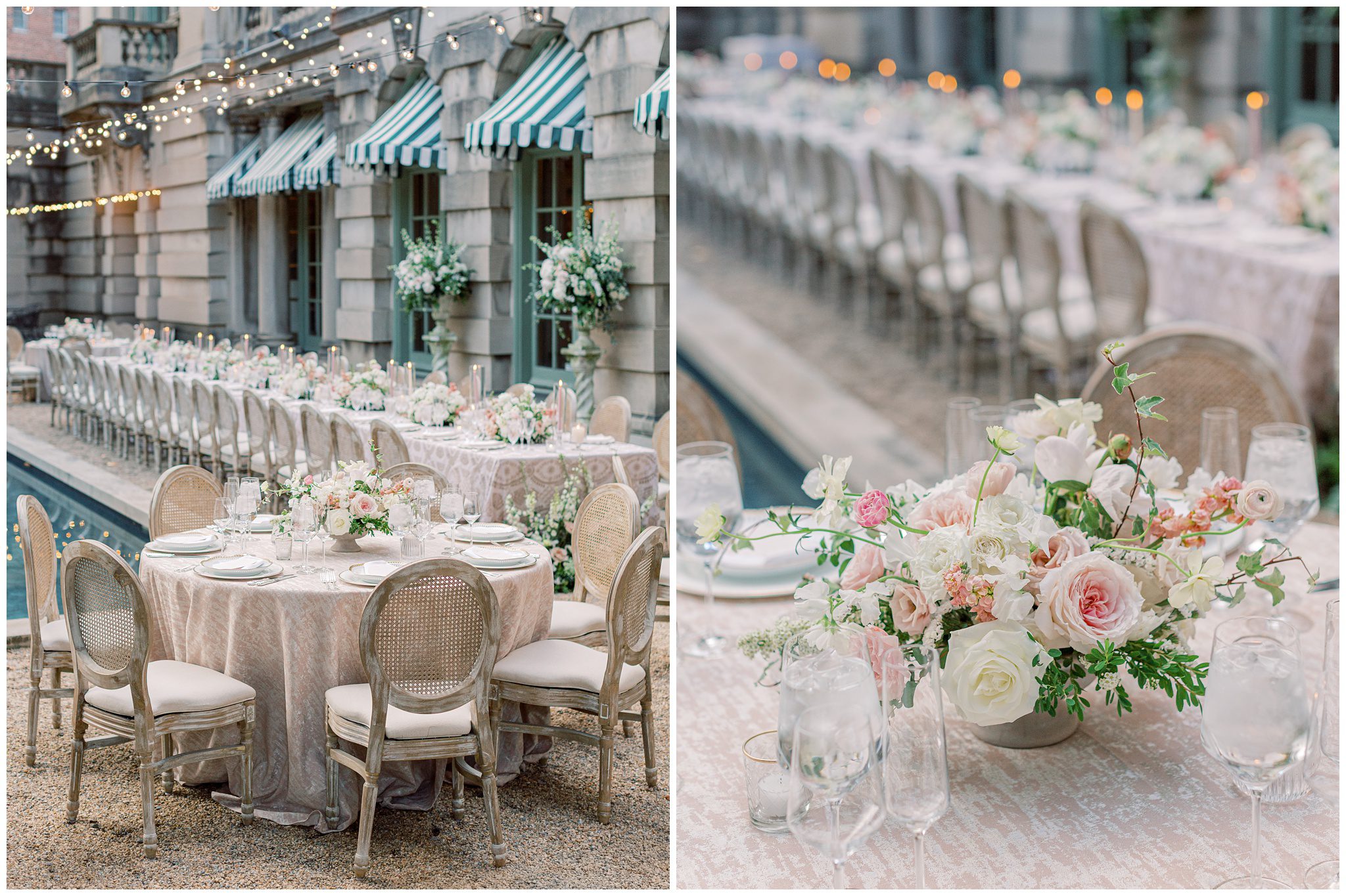 Elegant tablescape with cream, blush, and green floral arrangements at Larz Anderson House wedding in Washington, DC