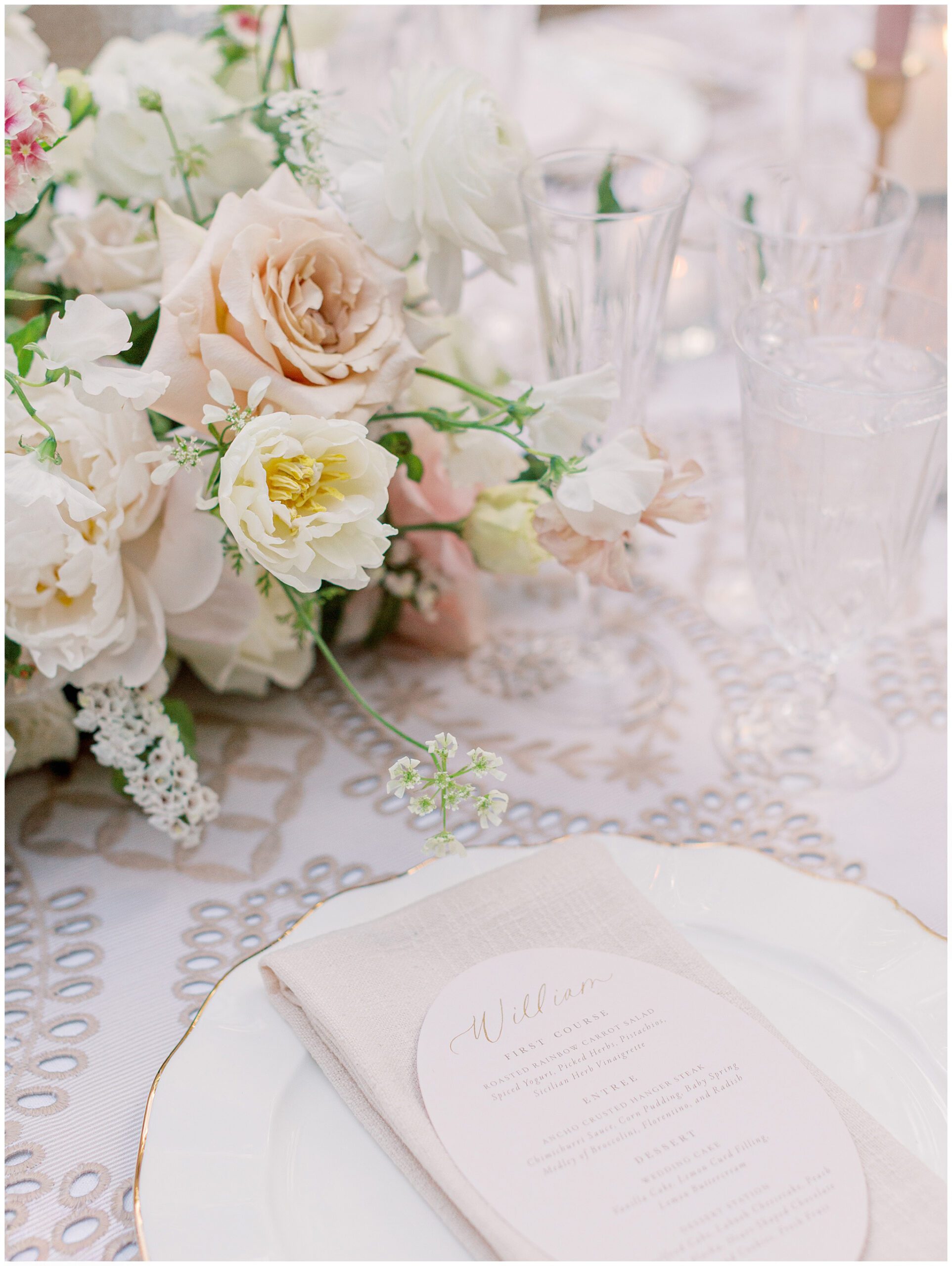 Elegant tablescape with cream, blush, and green floral arrangements at Larz Anderson House wedding in Washington, DC