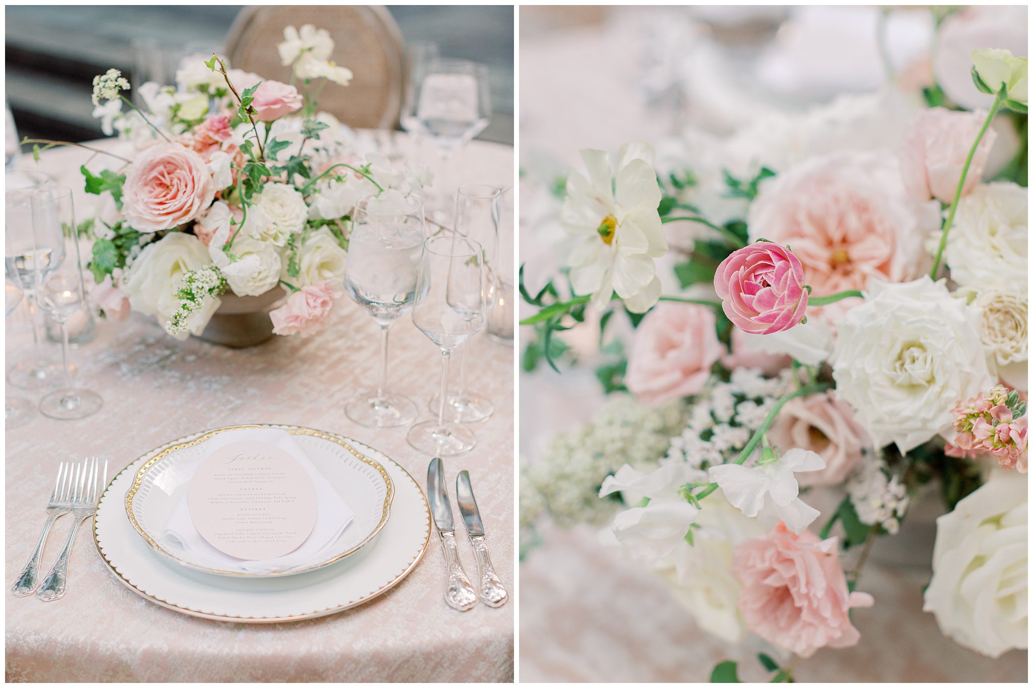 Close-up of romantic floral arrangements for a Larz Anderson House wedding in Washington, DC