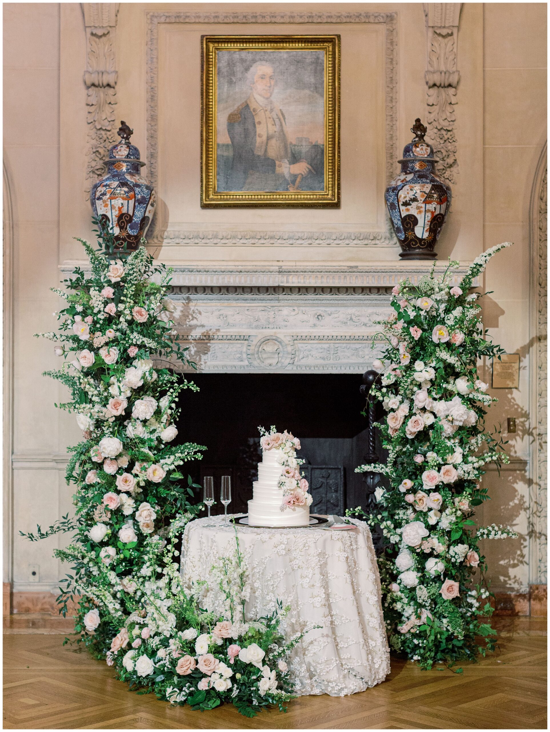 Elegant floral-filled wedding cake at Larz Anderson House Washington DC wedding