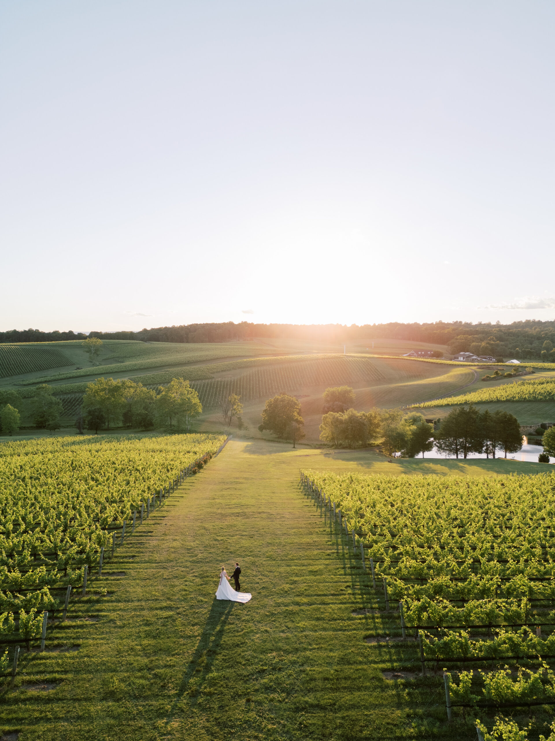 Aerial view of Stone Tower Winery at sunset with vineyards stretching across the landscape