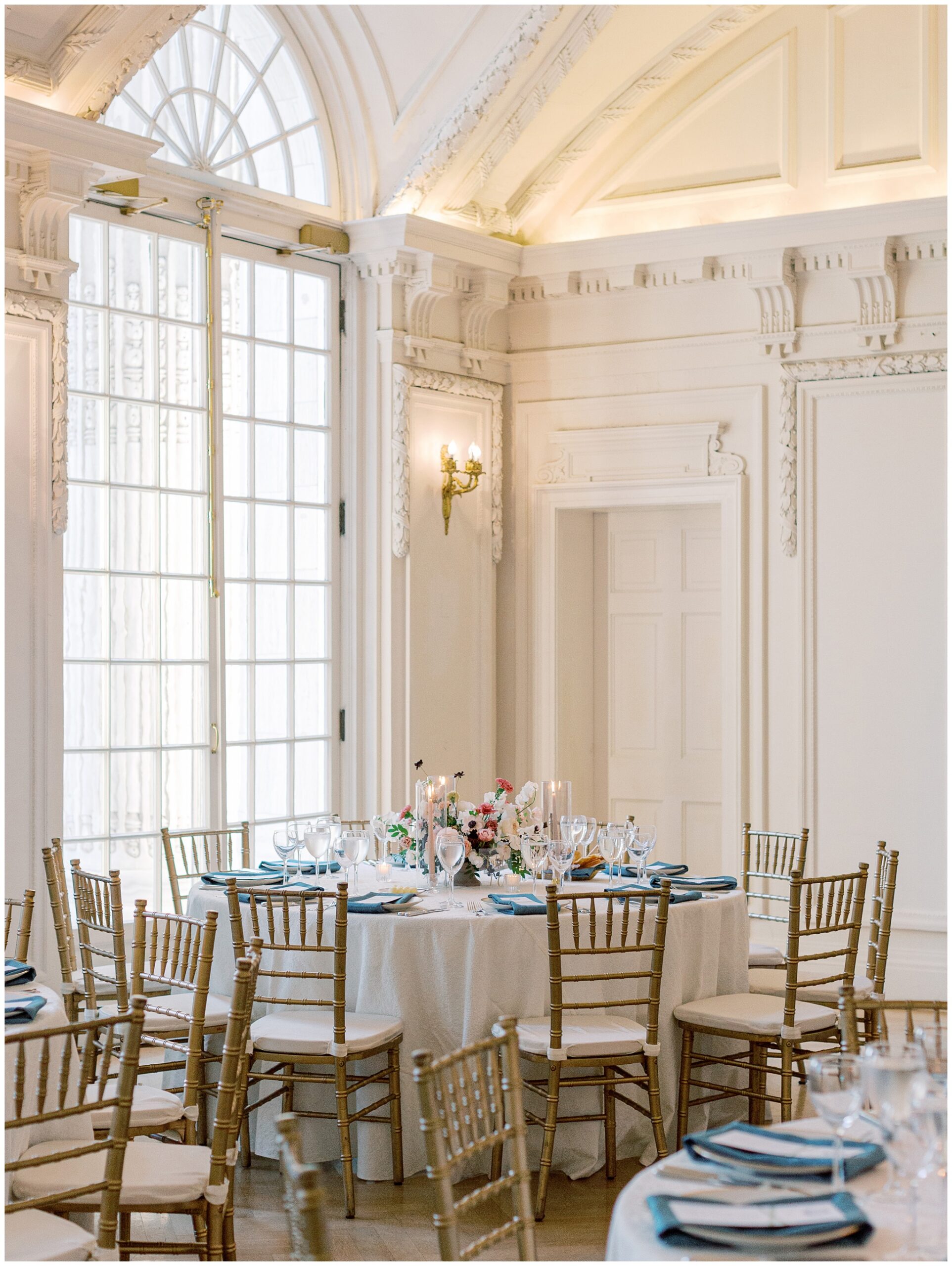 Black tie wedding reception with pink and blue floral tablescape at DAR in Washington DC