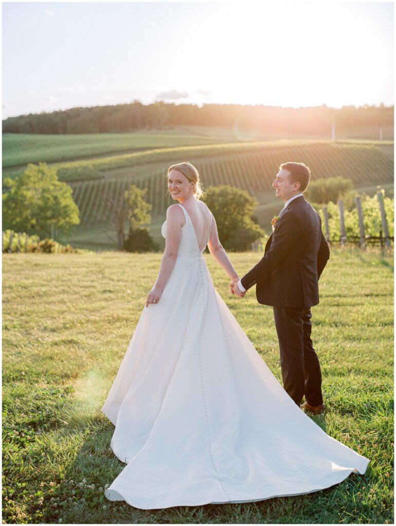 Sunset view from the upper vines at Stone Tower Winery overlooking the vineyard landscape
