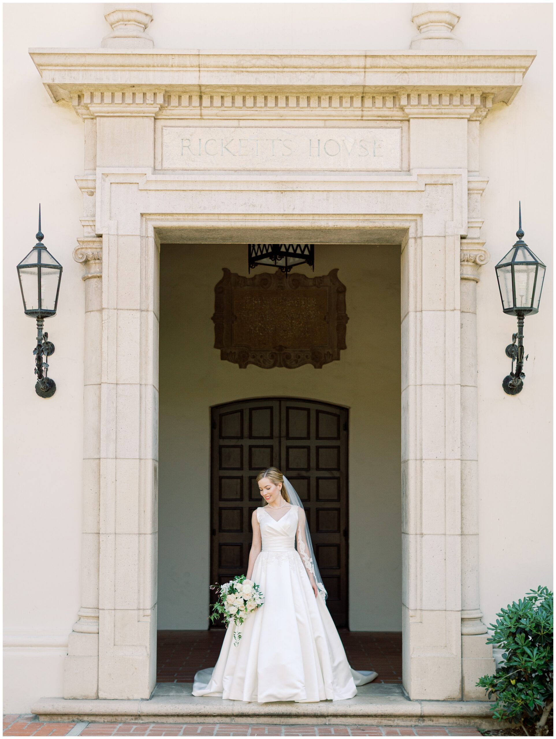Bride’s portrait beneath Ricketts House on the Caltech campus