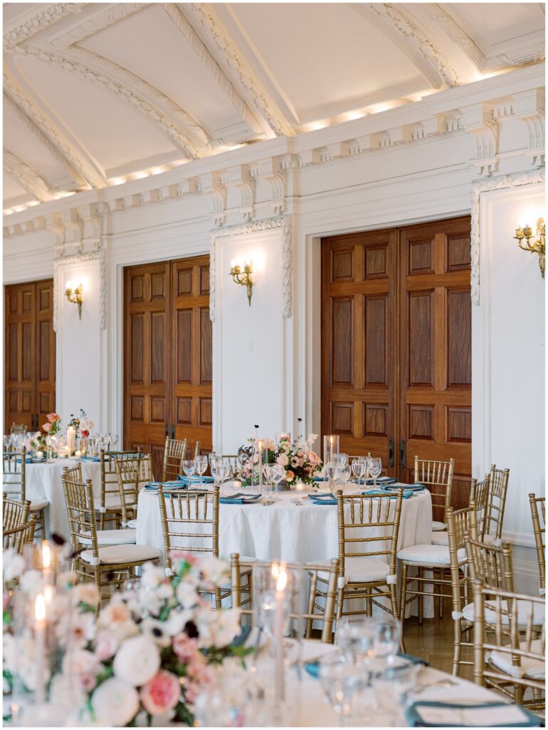 Elegant pink and blue wedding reception tablescape with lush florals at DAR in Washington DC