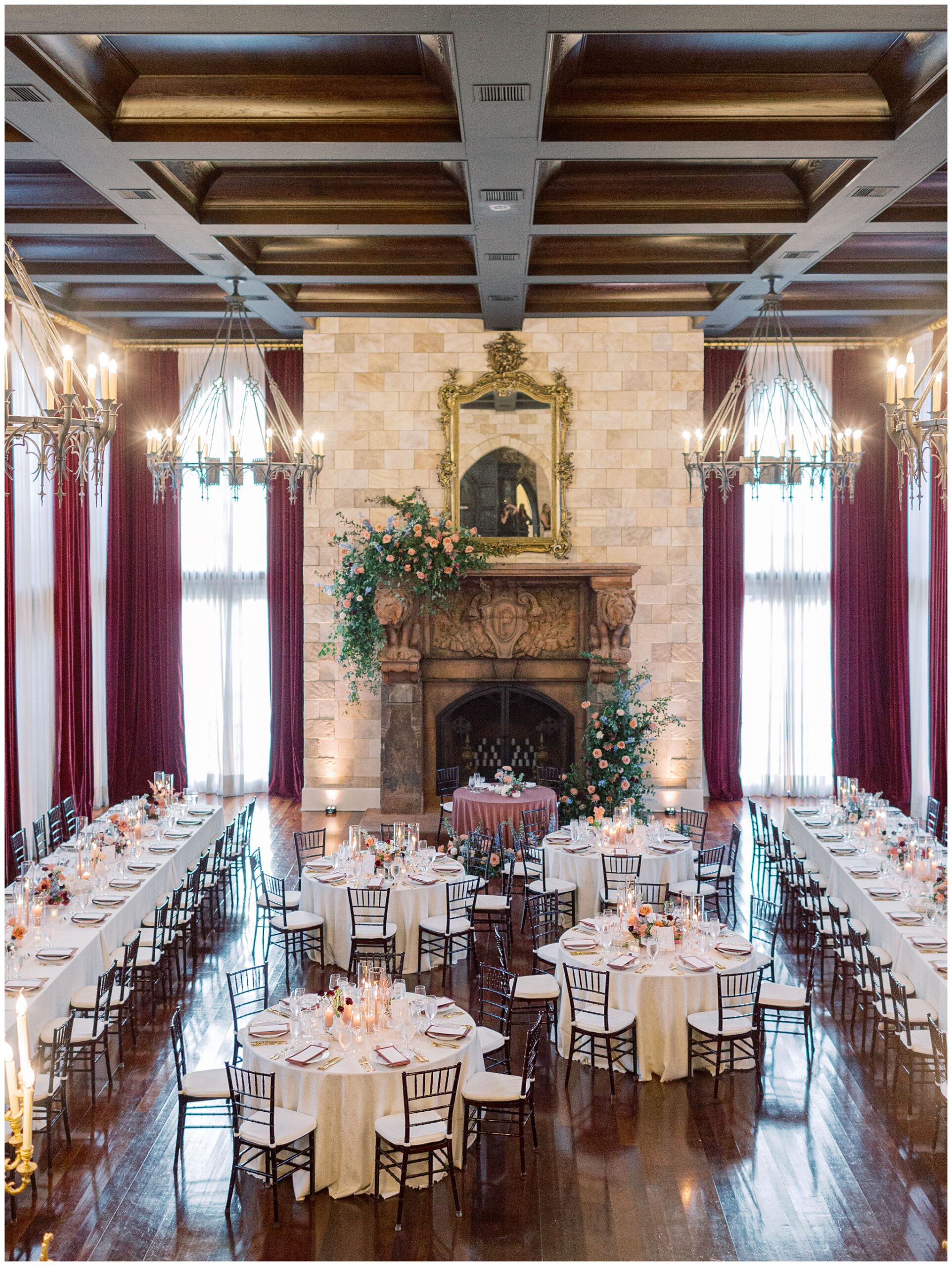 Ballroom reception at featuring elegant tablescapes, lush florals, and a beautifully decorated space