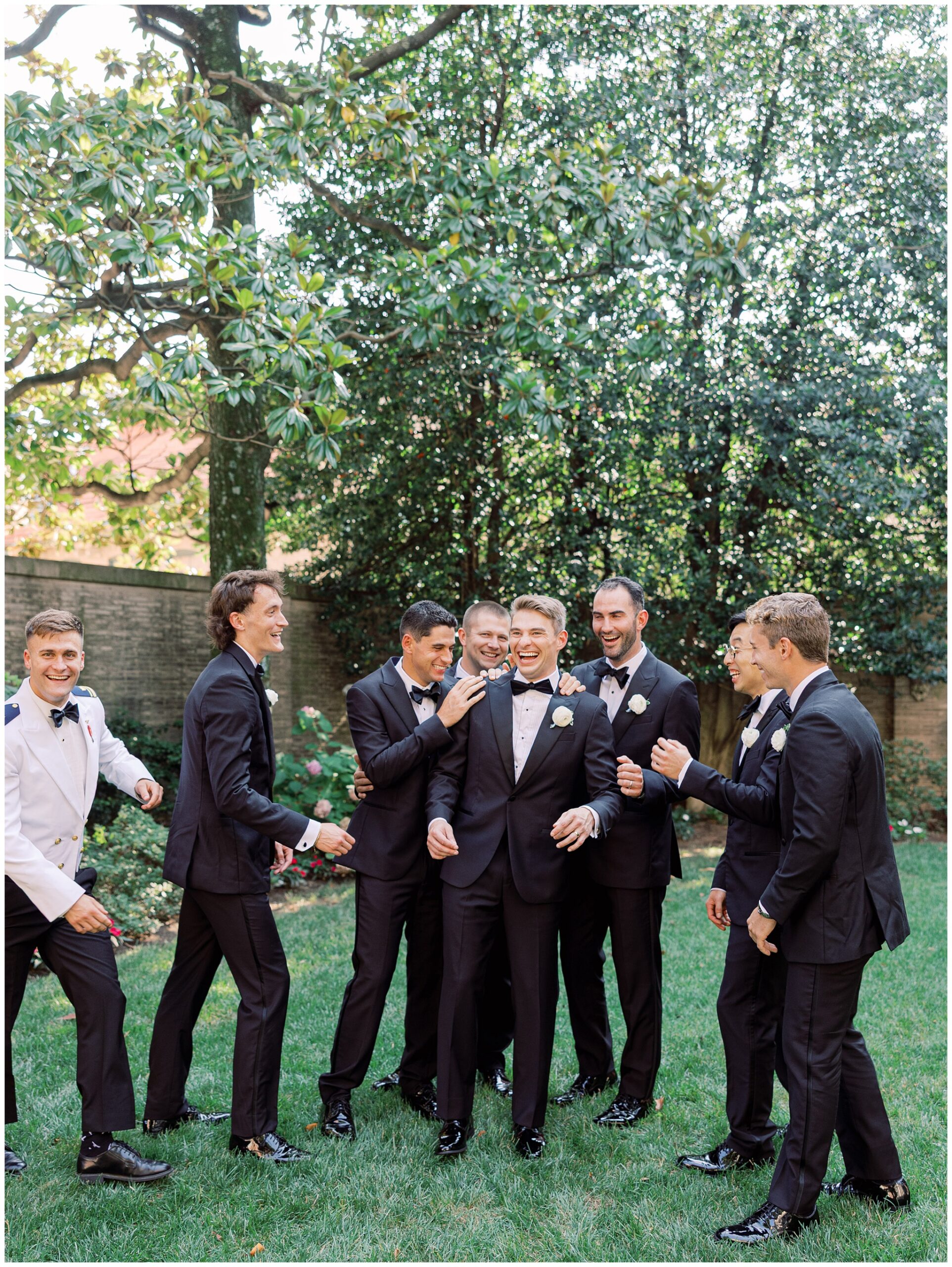 Groom and groomsmen portraits in Hoyt Garden at Anderson House wedding in Washington DC