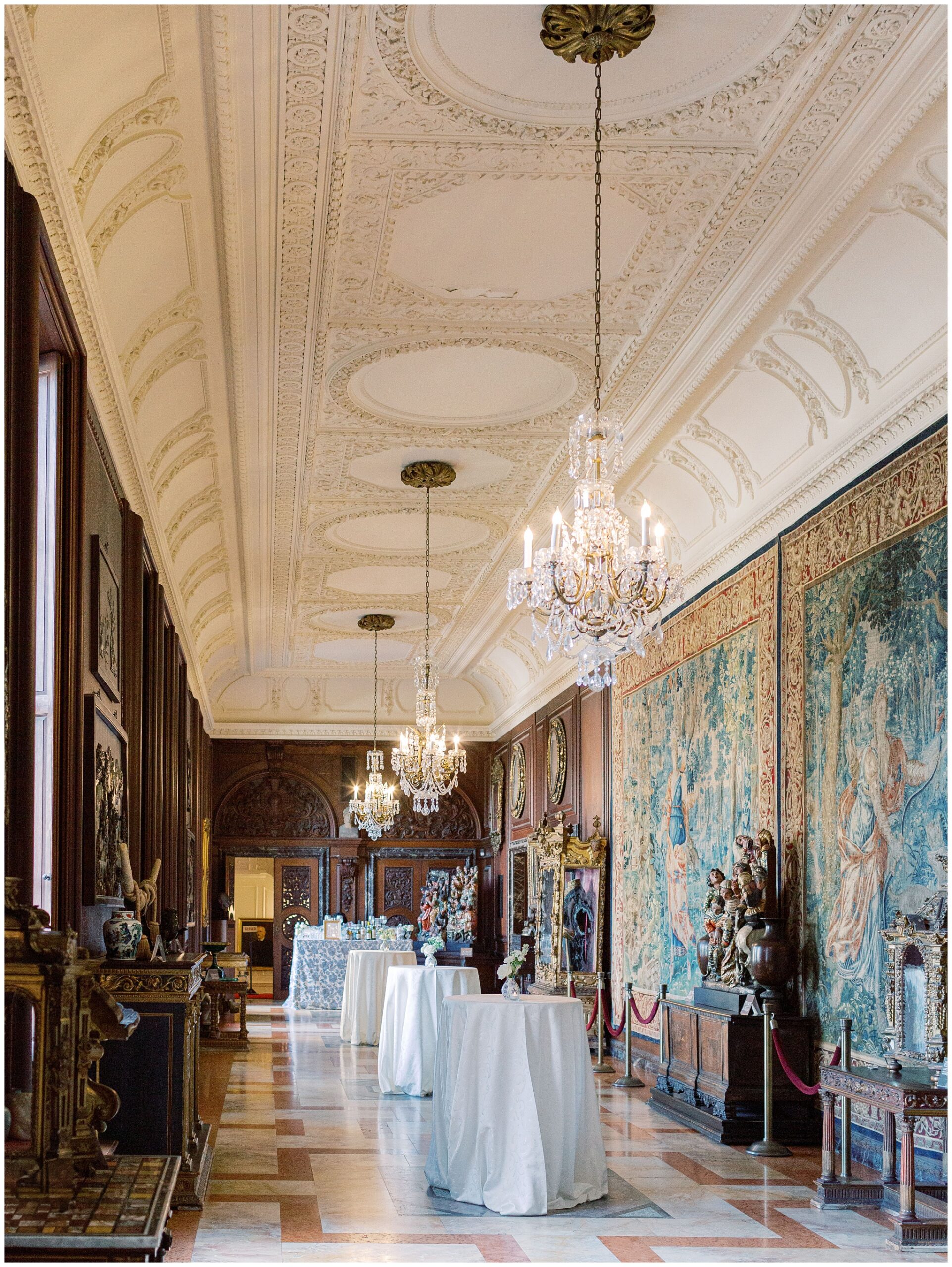 Olmsted Gallery set up for cocktail hour at Anderson House wedding in Washington DC