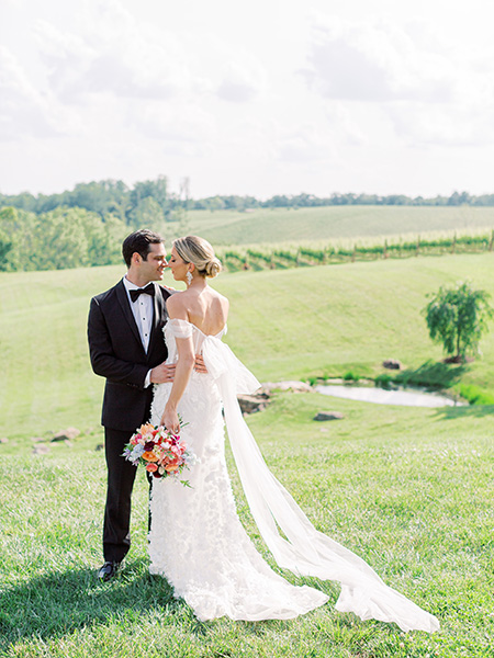 couple at spring stone tower winery wedding