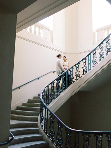 Pasadena City Hall engagement photo on staircase