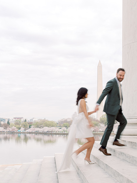 Artsy photo of couple at Jefferson Memorial engagement session in Washington DC
